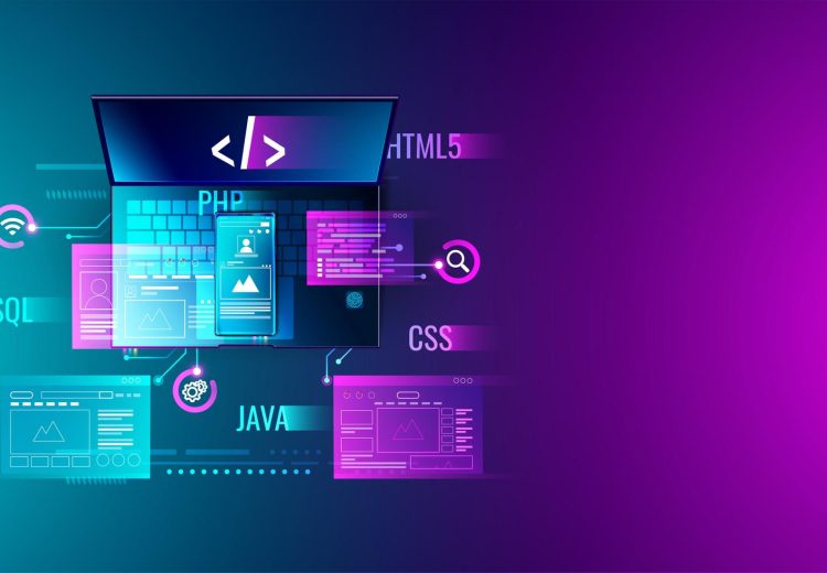 web-development-application-design-coding-and-programming-on-laptop-and-smartphone-concept-with-programming-language-and-program-code-and-layout-on-screen-vector